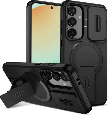 Produktbild von Magnetisch Hülle für Samsung Galaxy S24 FE, Dual Layer Stoßfest Handyhülle mit Dia Kameraschutz, Verstellbarem Ständer Schwarz