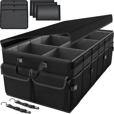 Image de Organiseur de coffre de voiture avec compartiments - Boîte de rangement pliable - Fond antidérapant - Sangles réglables - Couvercle pliable (noir, très grand format)