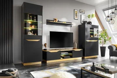 Produktbild von Wohnwand FAME, Wohnzimmerset, Wohnzimmer, Wand, Regal, TV Wand ( SCHWARZ / GOLD )