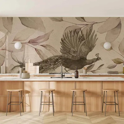 Produktbild von Vlies Fototapete - Bird among the leaves - floral motif with a flying peacock in cool tones 350x256 cm Tiere g-C-10039-a-a