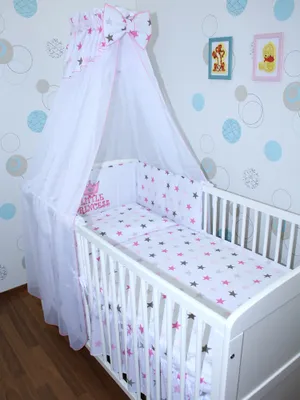Produktbild von Primawela Baby Bettwäsche Set mit Applikation- 6 teiliges Set mit Chiffon Himmel Bettset Nestchen- 2.Princess-Star Rosa