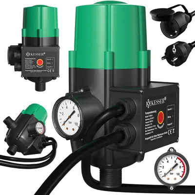 Image de Système de contrôle de pompe KESSER® avec indicateur de pression, avec câble, et protection de surpression de 10 bars. Ce dispositif électrique de contrôle de pression surveille la pression de l'eau et assure un démarrage et un arrêt automatiques