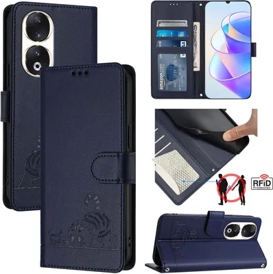 Produktbild von Leder Hülle für Honor 90 Süße Katze Flip Case Brieftasche Schutzhülle mit Standfunktion Blau