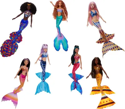 A collage of seven mermaid dolls with different hair colors and tail designs.