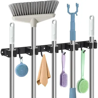 Produktbild von Besenhalterung Wand, 5 Halter 4 Haken, Edelstahl, Schwarz