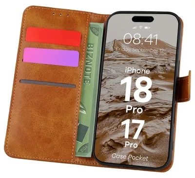 Produktbild von Handyhülle mit Klappe für iPhone 18 Pro / 17 Pro, Bizon Case Pocket, Braun