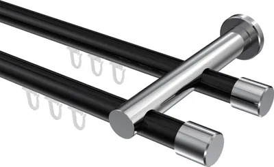 Produktbild von Interdeco Innenlaufstange / Gardinenstange mit Innenlauf Schwarz / Chrom, Typ Platon Santo (Kappe), 20 mm Ø 2-läufig, 440 cm