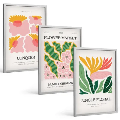 Produktbild von Bilder Set 3-teilig im silbergerahmten Rahmen – Wandbilder 3 Stück – gerahmte Poster für Wohnzimmer, Schlafzimmer und Flur – 40x60 cm – Blumen und Blätter – moderne Poster