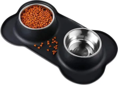 Immagine prodotto di Set di ciotole per cibo e acqua in acciaio inossidabile con fondo antiscivolo in silicone, nero, per cani e gatti