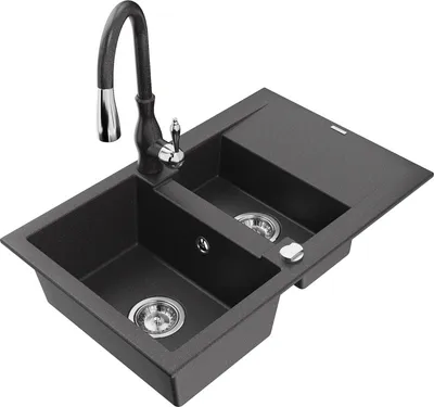Produktbild von Mexen Gaspar 1,5-Becken-Granitspüle mit Abtropffläche und Mischbatterie Savita, Schwarz gesprenkelt - 6507-76-672601-76