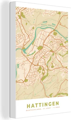 Obrázek produktu pro OneMillionCanvasses® - Obraz na plátně - 90x140 cm, Hattingen - vintage - mapa - mapa města, nástěnná umělecká dekorace - fotografie na plátně - malba na dřevěném rámu - dekorace na zeď - ložnice