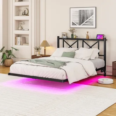 Produktbild von MODFU Klassische Betten 120x200 Schwebebettrahmen Plattformbett mit LED-Beleuchtung und Ladestation,Doppelbettgestell mit 1 Steckdosen und 2 USB-Anschlüssen,ohne Matratze,Schwarz