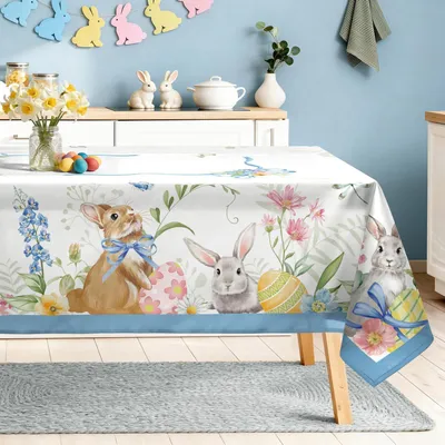 Productafbeelding van Tafelkleed, rechthoekig, 140 x 180 cm, polyester, blauw, met paashaasprint