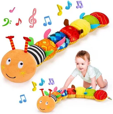 Produktbild von Bauchlagetrainer Baby – Sensorisches Kuscheltier mit Knisterbuch, Rasselgeräusch & Musik – Plüsch Raupe Thema – ab 0 Monate – Orange