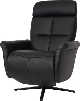 A black leather recliner chair on a white background.