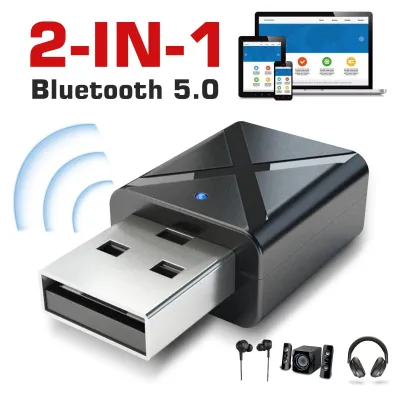 A product shot of a 2-in-1 Bluetooth 5.0 adapter with accompanying audio accessories and device illustrations.