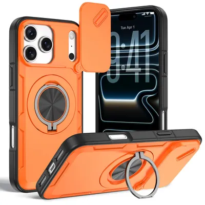 Produktbild von Magnetische Hülle für iPhone 17 Pro, Militär Stoßfest Handyhülle mit Kameraschutz und Ringhalter Ständer Orange