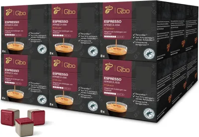 Zdjęcie produktu dla Tchibo Qbo Espresso Apaneca Ana kapsułki z kawą premium, 144 kapsułki - 18x8 kapsułek (espresso, intensywność 5/10, elegancka z nutą karmelu), zrównoważone, wykonane w 70% z surowców odnawialnych