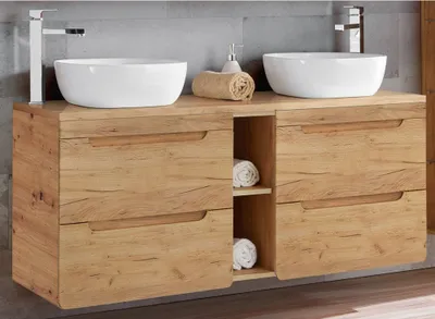 A bathroom vanity with two sinks.