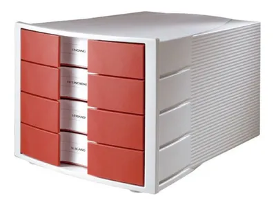 Produktbild von HAN Schubladenbox Archiv IMPULS, 4 Schübe, Gehäuse: lichtgrau, Schubladenfront: rot, stapelbar, mit Auszugsperre, BxHxT: 294x235x368 mm; 1010-X-17