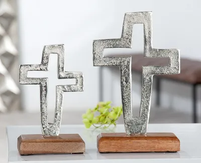 Produktbild von Gilde Standrelief, Kreuz, Aluminium, Mangoholz, silberfarben, VE 6 Höhe: 22.00 cm Breite: 14.00 cm Tiefe: 5.00cm 41089