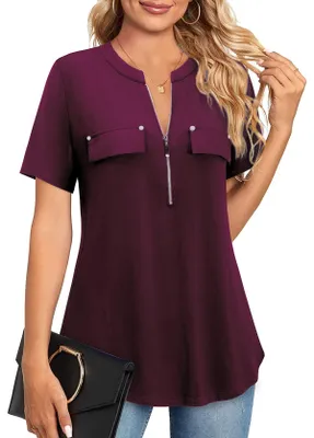 Produktbild von Amrto Damen Kurzarm T-Shirt mit Reißverschluss Sommer Casual Tunika Tops V-Aussc