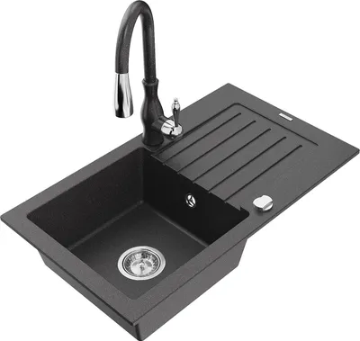 Produktbild von Mexen Pablo 1 Becken-Granitspüle mit Abtropffläche und Mischbatterie Savita, Schwarz gesprenkelt - 6510-76-672601-76