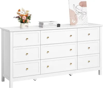 Produktbild von Holzkommode mit 9 Schubladen - Weißer Schubladenschrank mit Gleit- und Kippschutz - Hochwertige Schubladenkommode