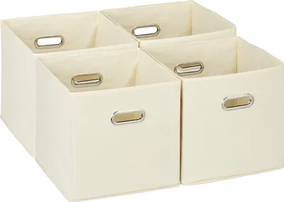 Produktbild von Relaxdays Aufbewahrungsbox 4er Set, faltbare Regalboxen, HxBxT: 30x30x30 cm, mit Griffen, Faltboxen für Regale, beige
