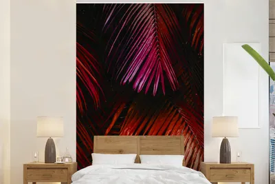 Produktbild von MuchoWow® Fototapete für Wohnzimmer oder Schlafzimmer Wandtapete Vinyl Motivtapete Dschungel - Rot - Blätter - 180x280 cm - Wallpaper