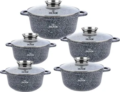Produktbild von Topfset, Graue Töpfe mit Keramik-marmorbeschichtung, Induktionstöpfe, Glasdeckel, (5,6L/4,5L/3,2L/2,3L/1,3L)