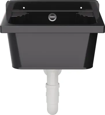 A black sink with a white drain pipe attached, shown against a white background.