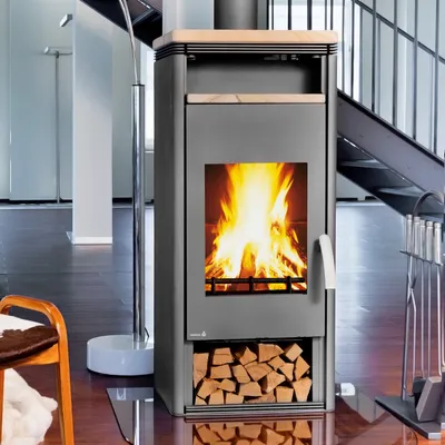 Produktbild von Wamsler Orpheus Kaminofen mit Warmhaltefach Stahl Grau / Sandstein 6 kW