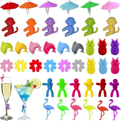 Immagine prodotto di Segnaposto per bicchieri - Set da 42 - Segnaposto in silicone per bicchieri - Segnaposto colorati per bicchieri da vino - Segnaposto per bicchieri da vino riutilizzabili