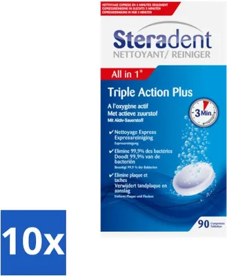 Obrázek produktu pro Steradent Triple Action Plus čistič zubních náhrad 90 tablet - hodnotné balení - 10 kusů
