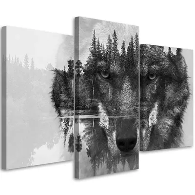 Obrázek produktu pro Triptych na plátně černý abstraktní vlk 60x40 cm Feeby šedá nástěnná malba připravená k zavěšení
