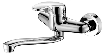 Produktbild von Wandmontierter Wasserhahn, Küchenarmatur mit 360° Drehfunktion, Spültischarmatur mit Mischbatterie, Einhebelmischer für Kalt- und Warmwasser, Schwenkarm 25 cm