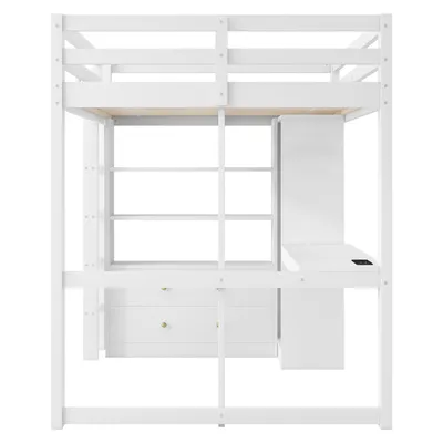 Produktbild von Flieks Etagenbett 140x200cm mit Kleiderschrank und Stange, Hochbett Kinderbett mit Led und Ladefunktion, Jugendbett mit Schreibtisch und Schrank, Weiß