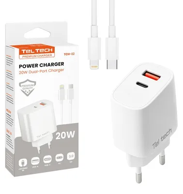 Produktbild von Teltech Schnellladegerät USB / USB-C 20W + Kabel USB-C - Lightning QC
