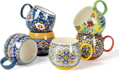 Produktbild von Porzellan Cappuccinotassen Set 600ml Bohemian Style 6er Tassen Muster Bunt