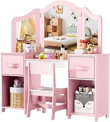 Immagine prodotto di Tavolo per bambini - Tavolo per bambine - Gioco e apprendimento - Specchio removibile - 108x30x114 cm - Rosa e bianco