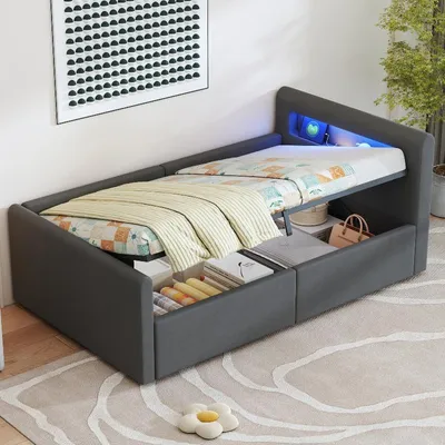 Produktbild von Polsterbett Kinderbett 90x200cm mit LED-Licht, Nachtlicht, USB-Ladeanschluss, Regal und hydraulischem Stauraum, Samtstoff dunkelgrau