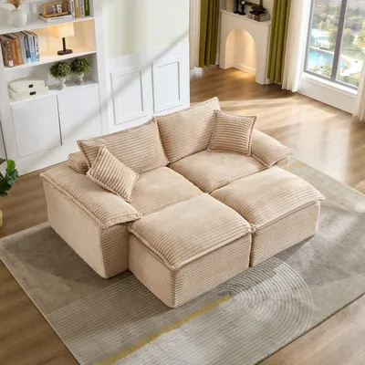 Produktbild von Schlafsofa Modulares Schlafsofa, 2-Sitzer Wohnzimmer Sofa mit Kissen Bodensofa Cord Couch mit Hocker, Armlehne und Memory-Schaum