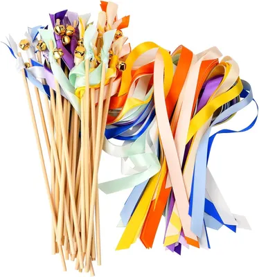Obrázok produktu pre Wedding Ribbon Sticks 30 ks, bambus 30 cm, so stuhami 60 cm a zvončekmi, pre svadobné dekorácie