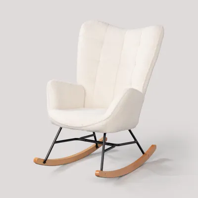 Image de Fauteuil berçant - Fauteuil berçant avec accoudoirs - Berceau-fauteuil - Fauteuil scandinave - Beige - Revêtement en sherpa