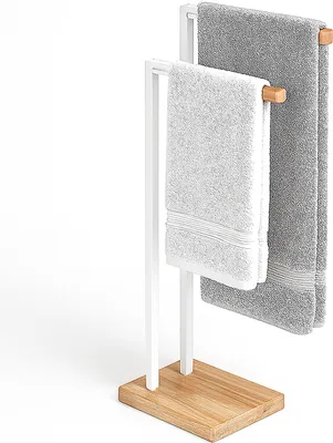 Obrázok produktu pre Stojan na uteráky Relaxdays, stojan na uteráky s 2 tyčami, na ručníky a osušky, železo a bambus, biela/prírodná