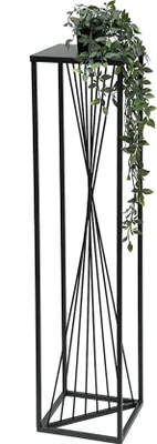 A black metal plant stand with a potted plant on top.