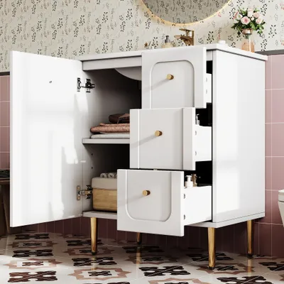 Immagine prodotto di MODFU, mobile lavabo bianco, armadietto da bagno con lavabo in Vetroceramica integrato, mobile sottolavabo con 3 cassetti, dimensioni 76,5 x 47 x 87,5 cm