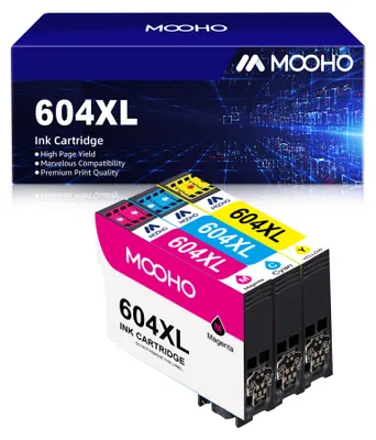 A product box and ink cartridges are shown, with the cartridges in the foreground.