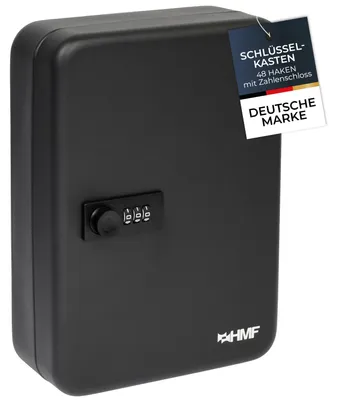 Produktbild von HMF Schlüsselkasten groß aus Stahl, Schlüsselschrank mit Zahlencode für Flur, Arbeitszimmer oder Garage, 48 Haken, 25 x 18 x 7 cm, Schwarz